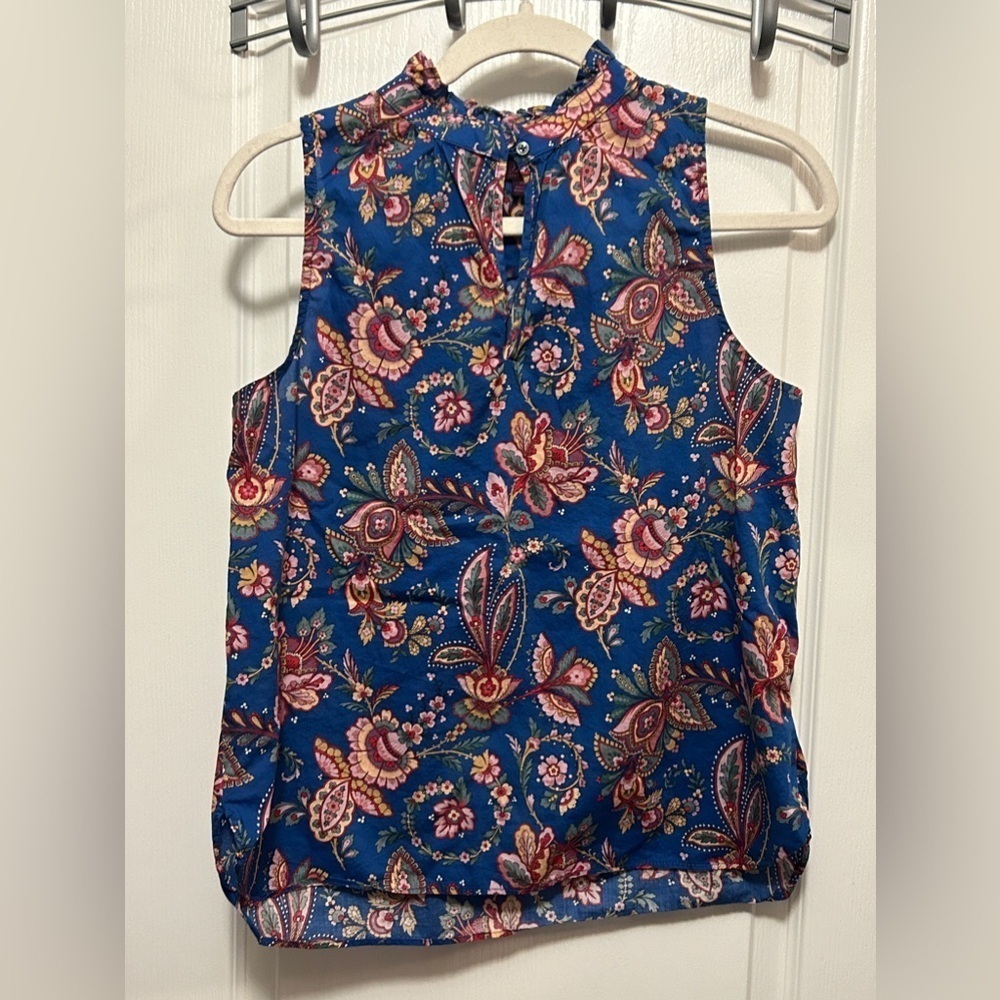 J.Crew Liberty Fabric blouse women’s 4 blue floral‎ ruffle keyhole neck preppy